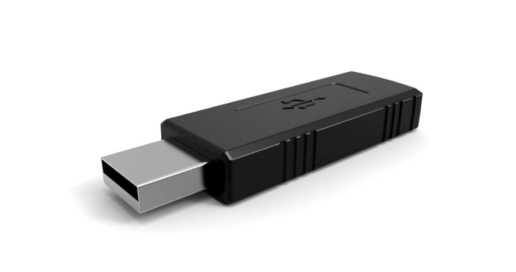 Narrow rectangular USB dongle with black plastic housing