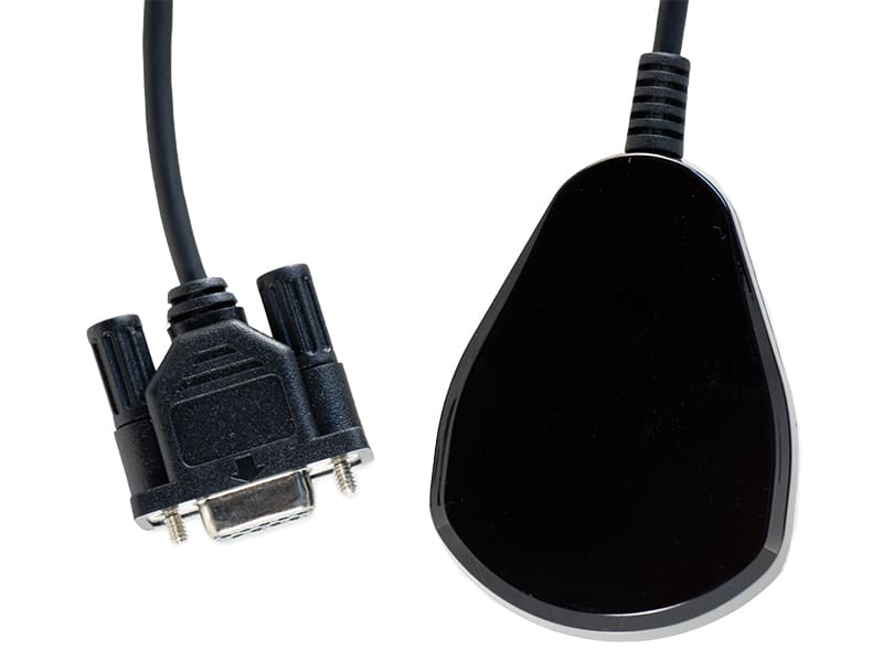 Pear shaped black plastic enclosure with DB9 connector and short cable attached